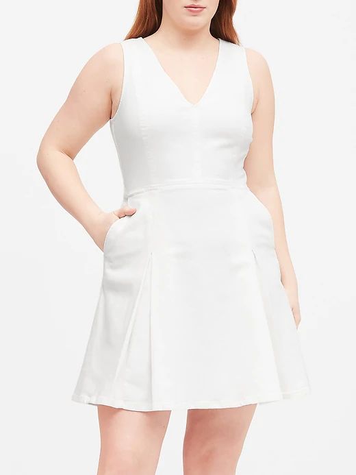 Petite Denim Fit & Flare Dress | Banana Republic Empower Women, It's Cold, Flared Skirt, Petite Dresses, Skirts With Pockets, White Denim, Fit And Flare Dress, Fit Flare Dress, Flare Skirt