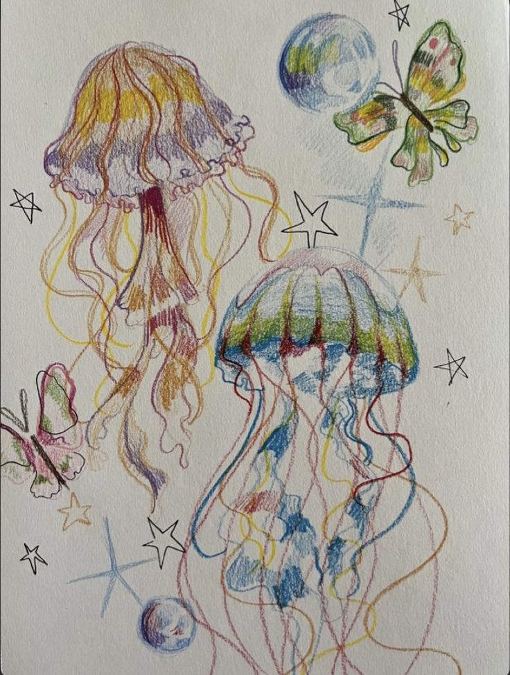 a drawing of jellyfish and butterflies on paper