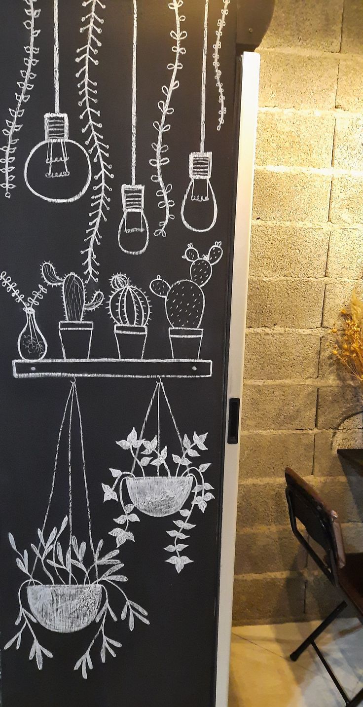 a chalkboard drawing of hanging plants on a wall