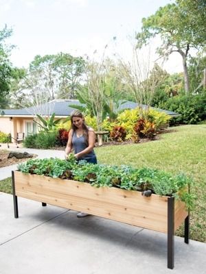 a woman standing next to a wooden planter filled with plants