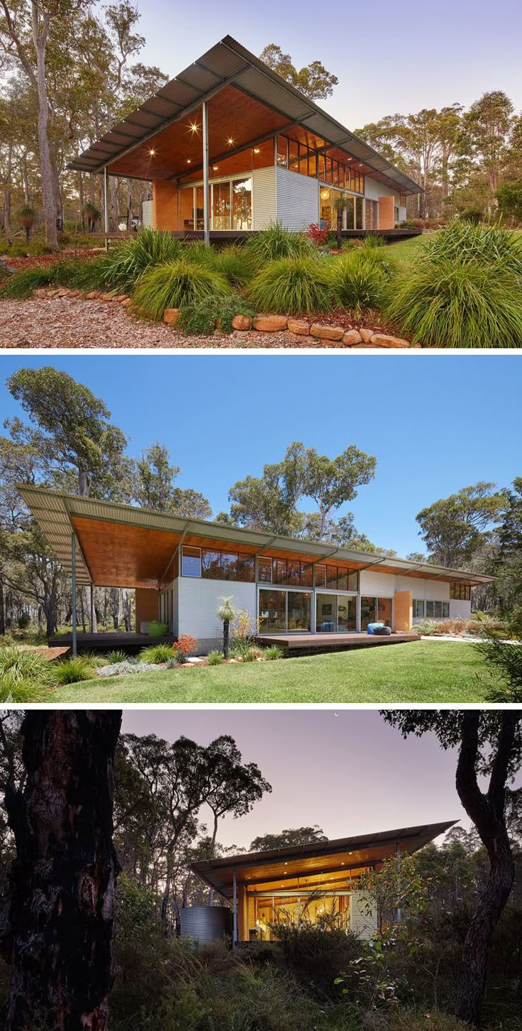 two different views of a house in the woods and on the ground, with trees surrounding it