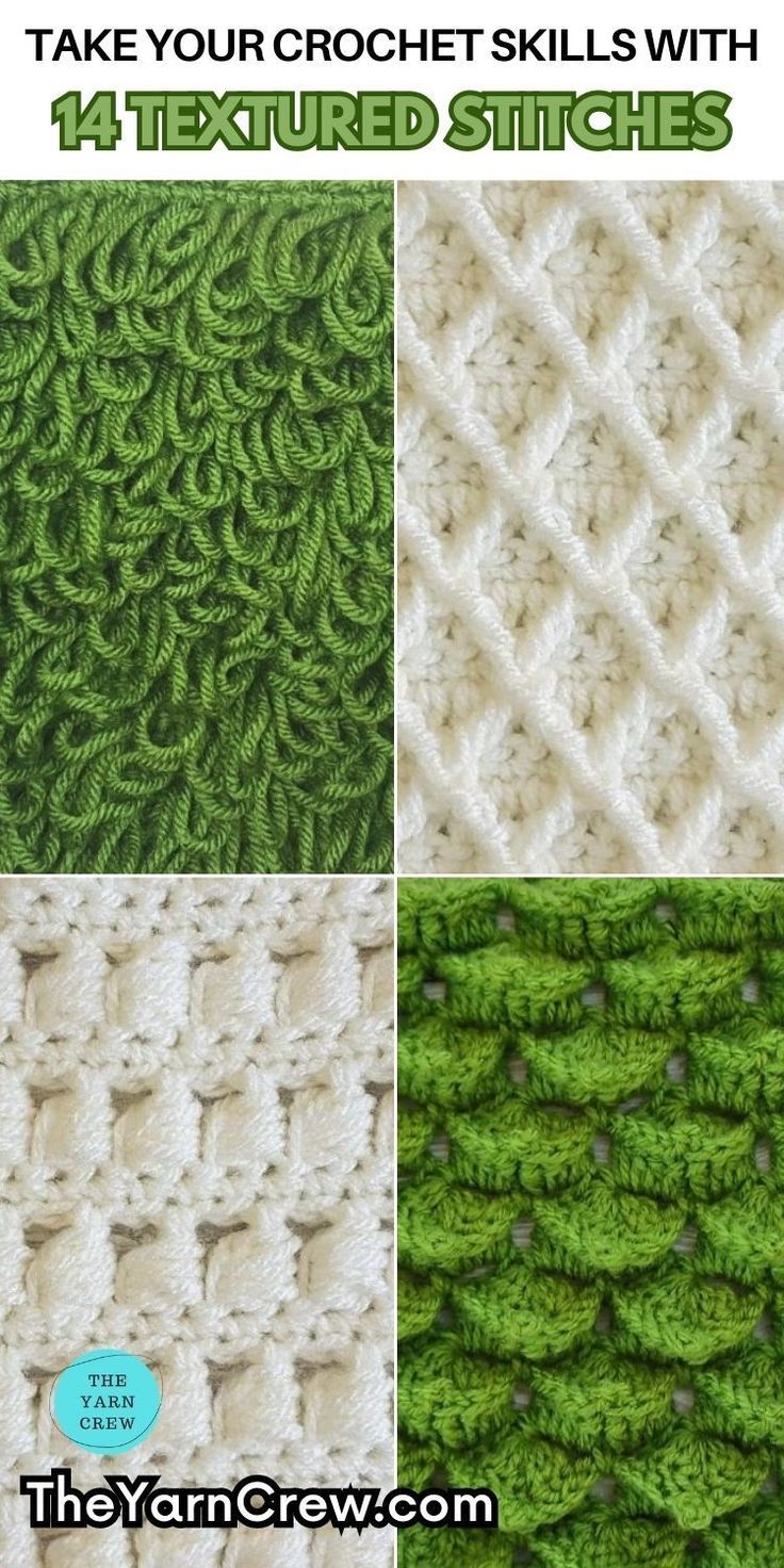 four different crochet stitches with text overlay that says, take your crochet skills with 4 textured stitches