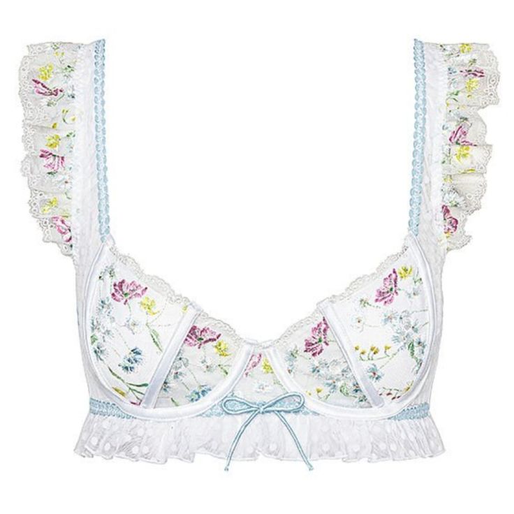 Support And Style Meet In This Charming, Eyelet Piece Bra And Matching Midsummer Floral Hi-Waist Panty. Lightly-Lined Wireless Scalloped Lace Accents Shirred Elastic Straps Back Closure Floral Print With Polka Dots Hand Wash, Lay Flat To Dry Matching Hi Waist Panty Summer Lace Underwire Bra, Feminine White Bra, Feminine White Bra For Spring, White Feminine Daywear Bra, Feminine White Bra For Daywear, Summer Daywear Underwire Bra, Light Blue Summer Bra, White Summer Daywear Bra, Blue Lace Trim Bra For Summer