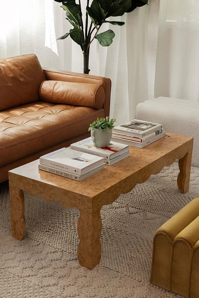 a living room with two couches, a coffee table and a potted plant