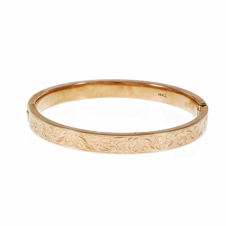 Krementz 14k rose gold engraved bangle bracelet. circa 1911 14k rose gold Tested and stamped: 14k Hallmark: N.K.B. 1911 14.5 grams Inside dimensions: 2.48 x 2.31mm Width: 7.66mm Stamped: 3.47mm Mexican Fits, Engraved Bangle Bracelet, Engraved Bangle, Pandora Jewelry Charms, Gold Armband, Vintage Bangles, Gold Engraving, Engraved Bracelet, Gold Bangle Bracelet