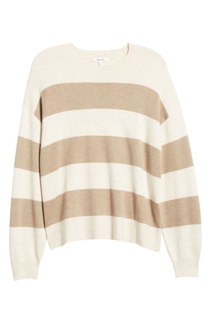 Wide stripes course across a wool-kissed sweater knit with dropped shoulders and a chunky crewneck. 23 1/2" length (size Medium) Crewneck Long sleeves Dropped shoulders Ribbed cuffs and hem 54% polyester, 20% acrylic, 20% nylon, 6% wool Dry clean Imported Neutral Crew Neck Knit Top For Fall, Neutral Knit Top For Fall, Neutral Crew Neck Sweater With Textured Knit, Fall Neutral Soft Knit Top, Beige Knit Top For Fall, Oversized Neutral Crew Neck Sweater, Neutral Knit Relaxed Fit Sweater, Beige Pullover, Raglan Pullover