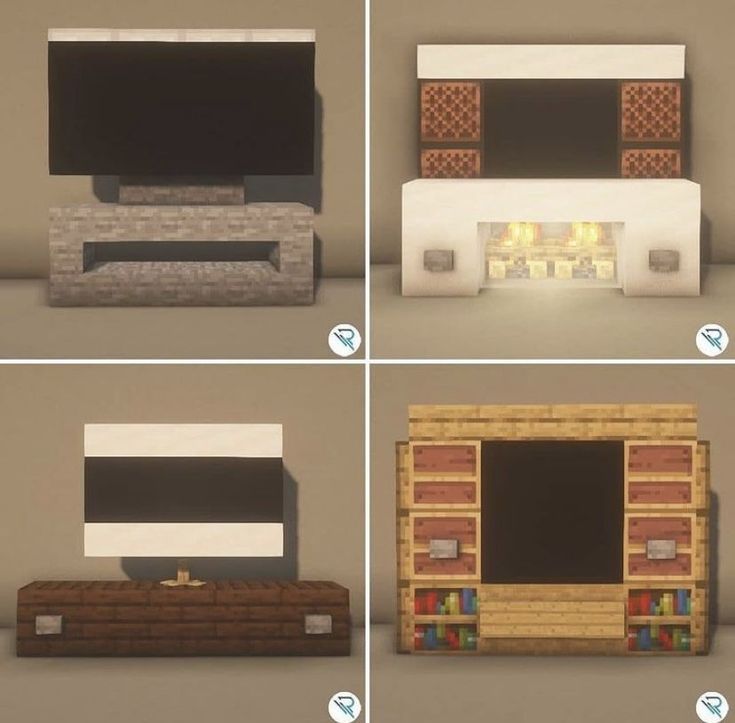 four different types of furniture made out of bricks and wood, each with a flat screen tv mounted on the wall