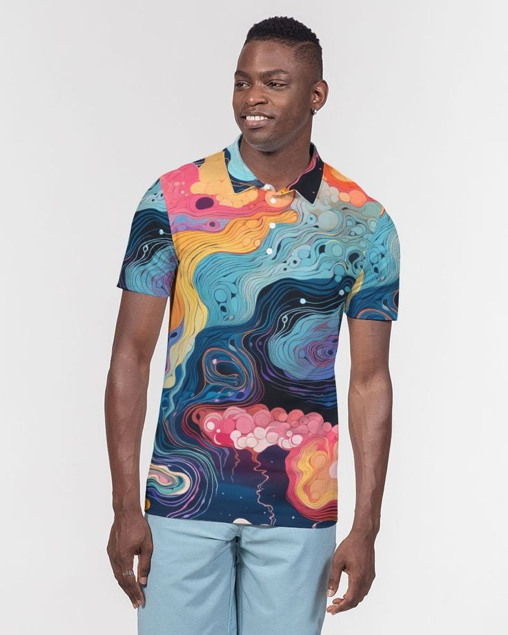 This is such a trippy-looking, colorful polo shirt! It features a psychedelic swirl design in blues with bursts of yellow and pink. Freak out the normies on the golf course, or trade-in your t-shirt for a step up on your next night out! Look sharp in this versatile polo, perfect for business casual or a polished weekender outfit. Our Men's Slim Fit Short Sleeve Polo features soft, breathable fabric with a close cut torso, tailored to show your natural physique. + Soft, breathable fabric + Polo collar + Four button placket + Short sleeves + Straight hem bottom SIZE & FIT + Slim fit, moderate stretch + Size up for a regular fit + Hits at hips + Model is 6'2" wearing a size Medium + Model chest size is 38" MATERIAL & CARE + Machine wash cold, tumble dry low + 95% Polyester, 5% Spandex, Jersey Summer Multicolor Collared T-shirt, Summer Polo Collar Top With Graphic Print, Graphic Print Polo Collar Top For Summer, Summer Graphic Print Top With Polo Collar, Multicolor Collared Shirt With Vibrant Print, Summer Polo Collar T-shirt With Graphic Print, Multicolor Polo Collar Top For Summer, Relaxed Fit Multicolor Shirt With Abstract Print, Patterned Vibrant Print Collared Shirt