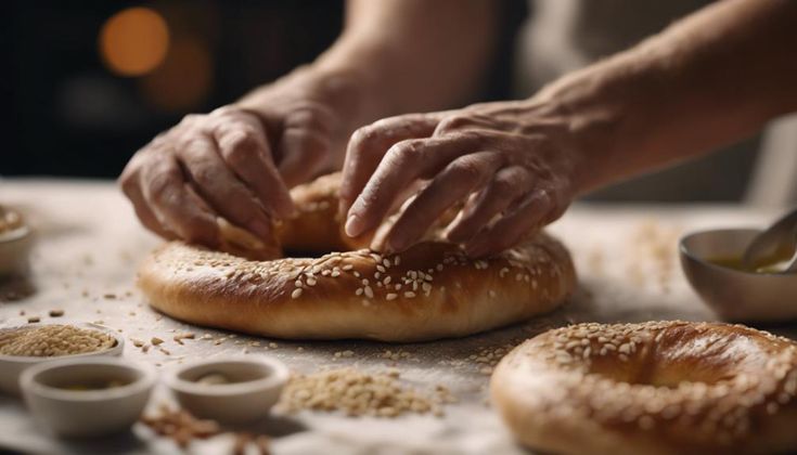 a person kneading sesame seeds on top of two bagel buns that are sitting on a table