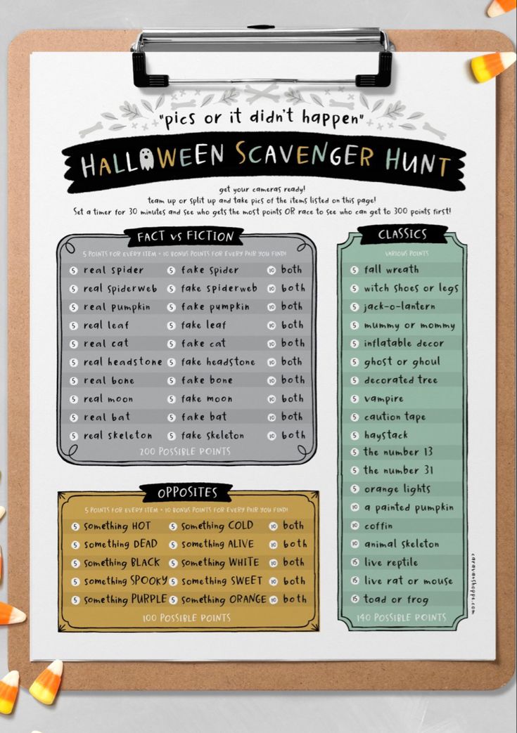 a halloween scavenger hunt is shown on a clipboard with candy candies around it