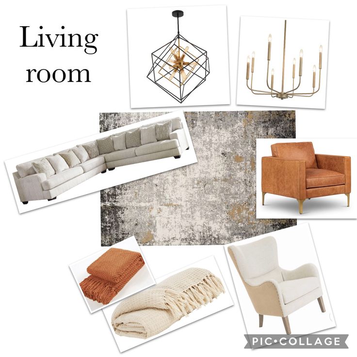 a collage of living room furniture and accessories including couches, chairs, rugs