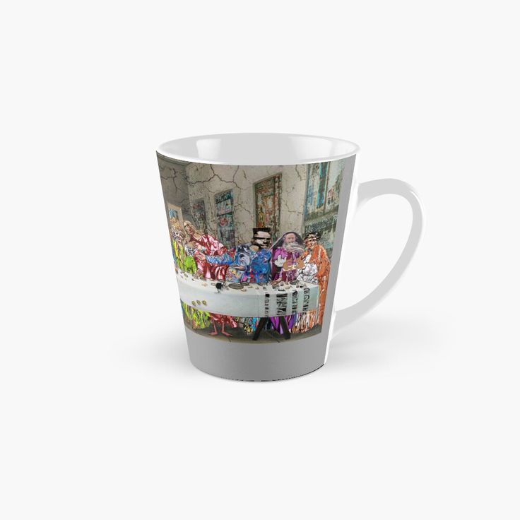 a group of people sitting at a table tall mug