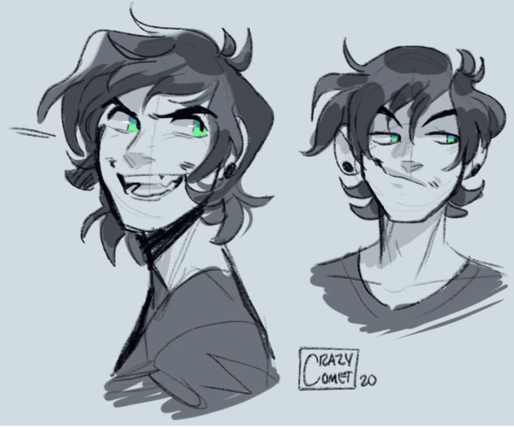 two drawings of the same person with green eyes and black hair, one is smiling