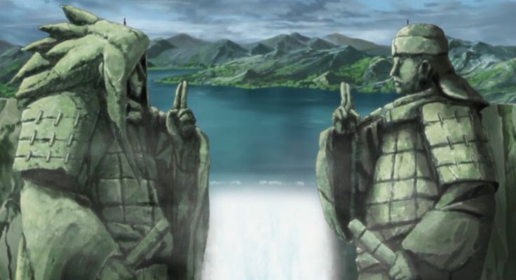 two alien like figures standing next to each other in front of a body of water