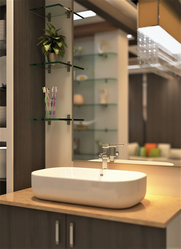 a bathroom sink sitting on top of a counter next to a shelf filled with dishes