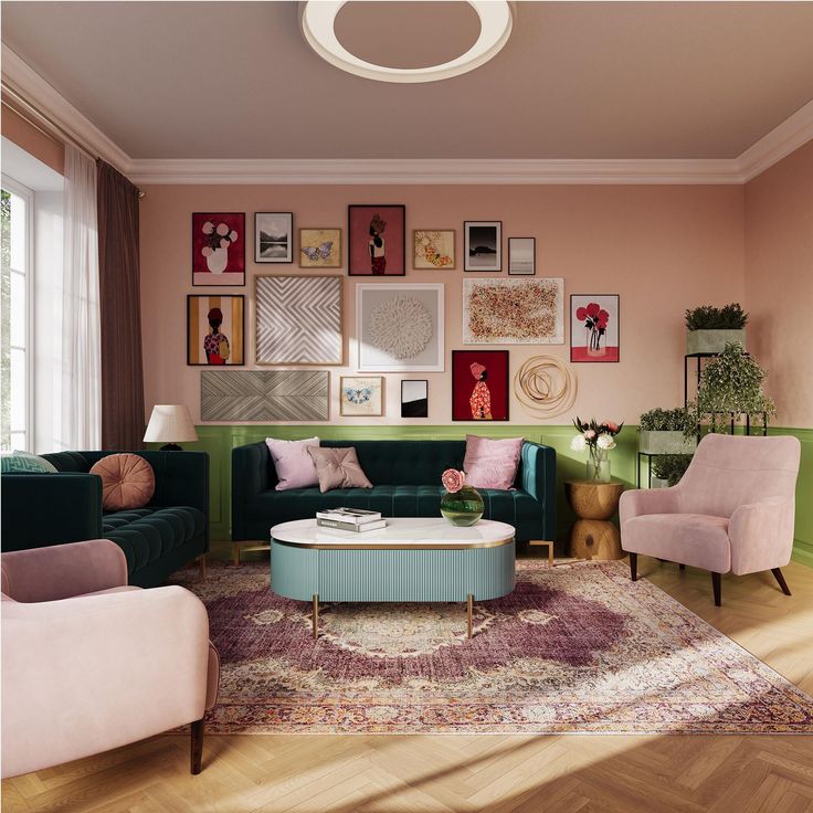 a living room filled with furniture and pictures on the wall