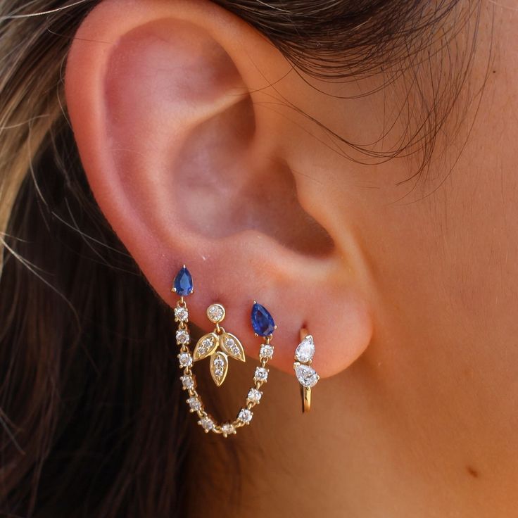 This earring features diamonds set in 14KT Yellow Gold. Sold as a single Diamond 0.14cts Measures 10mm Blue Earring Stack, Two Piercings, Gold Chain Earrings, Pretty Ear Piercings, Sell Gold, Trendy Necklaces, Pear Diamond, Bezel Diamond, Chain Earrings