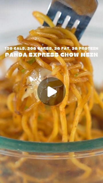 the pasta is being eaten by a fork with words above it that read panda express show men