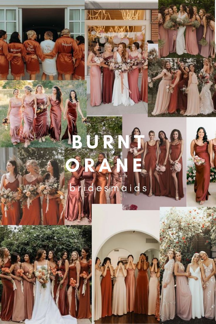 the burnt orange bridesmaids are posing for pictures