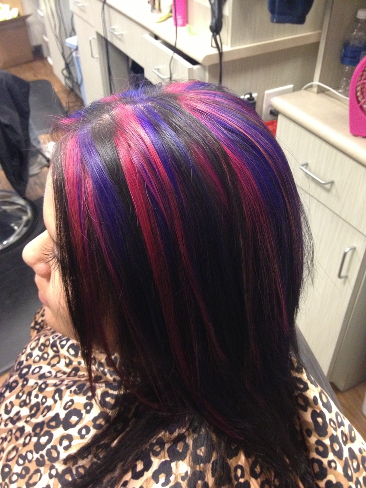 Pink and purple! Black Hair With Red And Purple Highlights, Black Hair With Pink And Purple Streaks, Blue And Pink Highlights In Black Hair, Black Purple Pink Hair, Purple Pink And Black Hair, Pink And Purple Skunk Stripe Hair, Dark Purple Hair With Pink Highlights, Purple Hair With Pink Highlights, Pink And Purple Hair Highlights