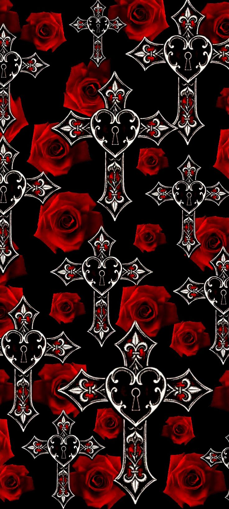 red roses and crosses on a black background