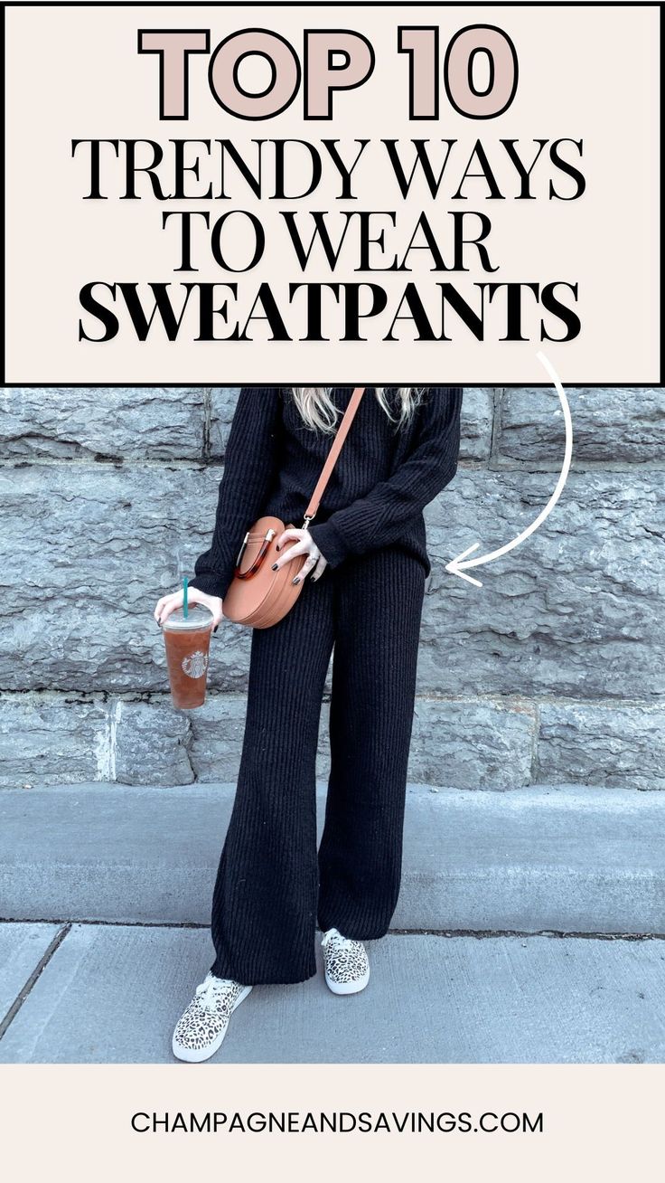 Looking for stylish ways to wear sweatpants this season? Check out these top 10 trendy ways to rock these women's bottoms from casual outfit ideas to sporty athleisure looks. Cute Shoes To Wear With Sweats, Styling Brandy Melville Sweatpants, Ways To Wear Sweatpants, Jogger And Sweatshirt Outfit, Wide Sweats Outfit, Woman Sweatpants Outfits, Elevated Athleisure Outfits Winter, Athleisure Looks Women, Edgy Sweatpants Outfit