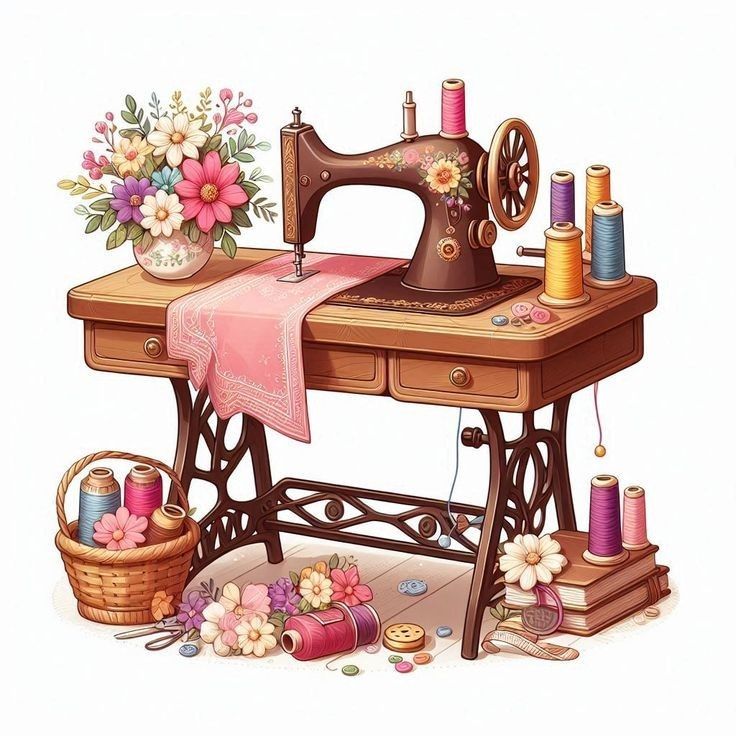 a sewing machine sitting on top of a wooden table next to a basket with flowers