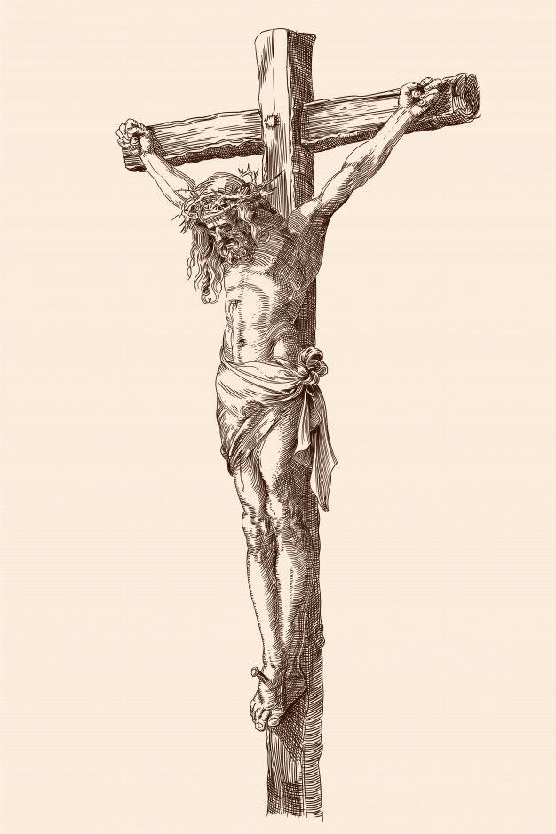 the crucifix with jesus on it is drawn in black and white ink