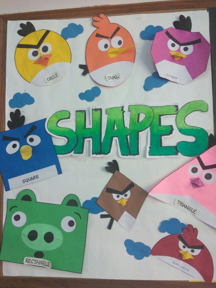 a bulletin board with the words shapes and angry birds cut out on it's sides