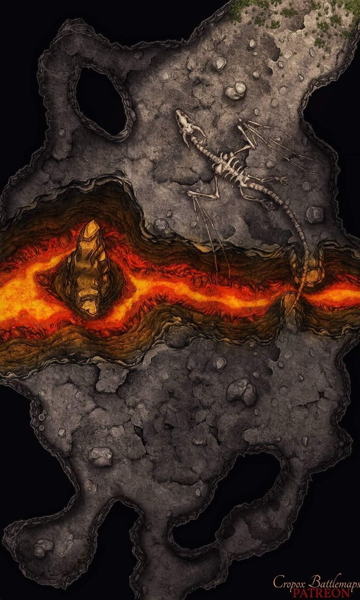 an image of the inside of a cave with fire coming from it and a skeleton in the background