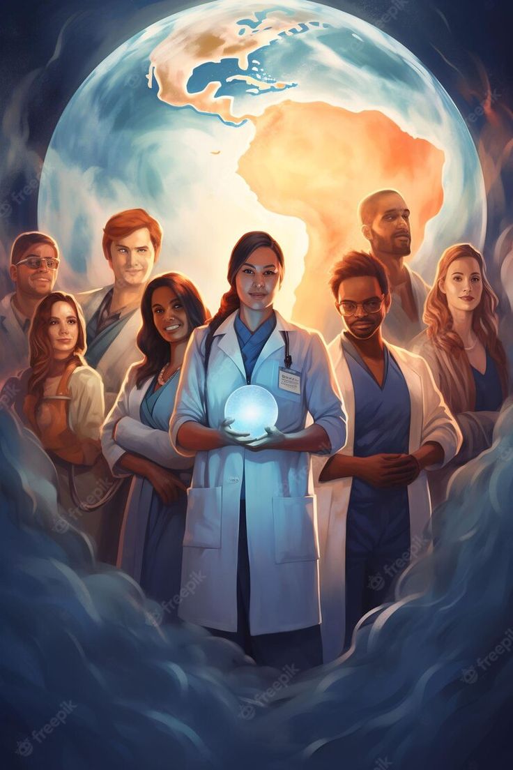 a group of doctors standing in front of the earth with their arms crossed and glowing