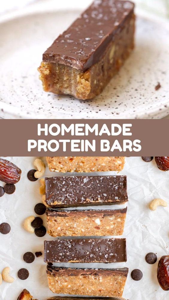 homemade protein bars with chocolate and nuts on top