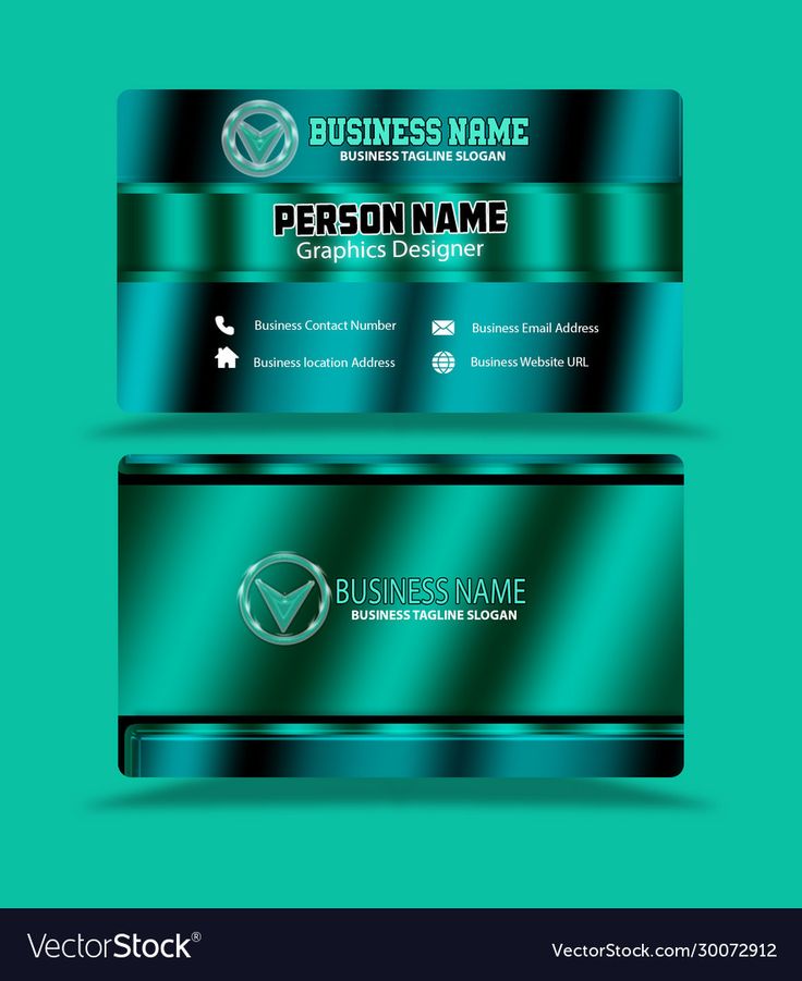 two business cards with shiny blue and green stripes on the front, back and sides