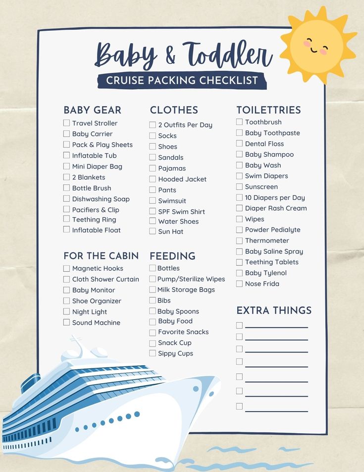 a baby and toddler cruise packing checklist is shown in this graphic style, with the