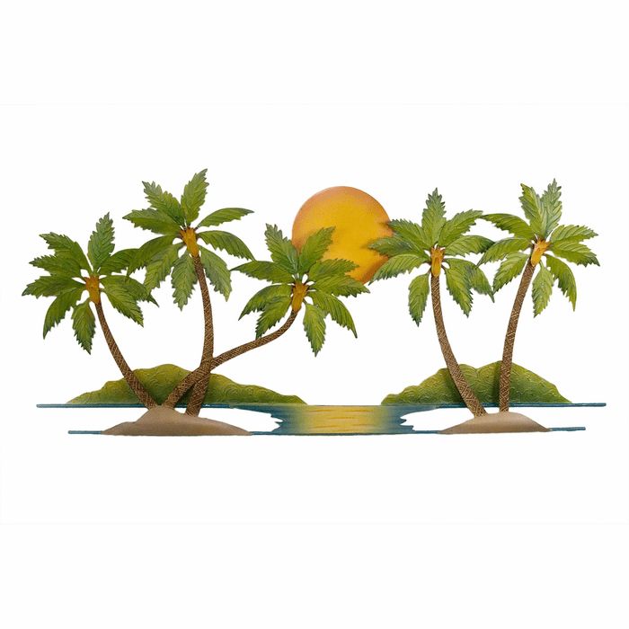 three palm trees on an island with the sun in the background