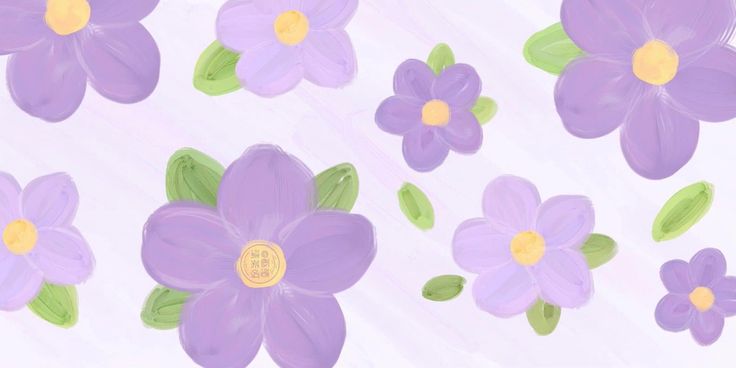 purple flowers with green leaves and yellow centers on a white background in pastel colors