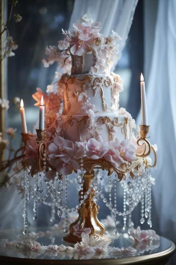 a three tiered wedding cake with pink flowers on it and candles in the background