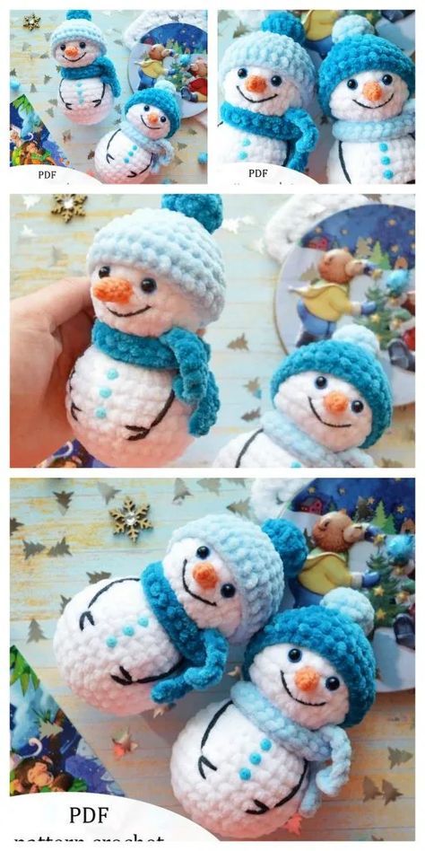 crocheted snowmen with hats and scarves are shown in three different pictures