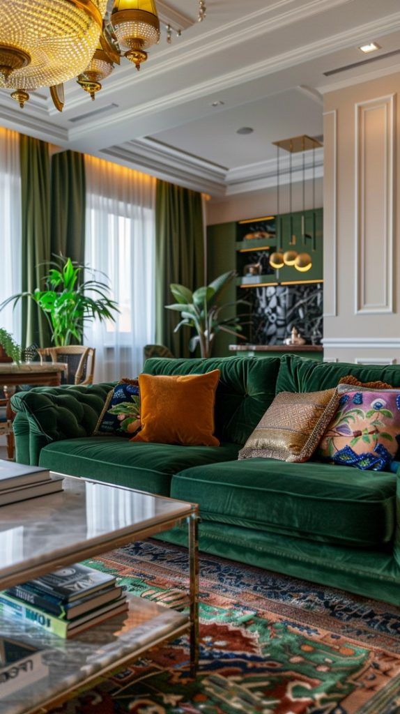 a living room filled with green couches and pillows