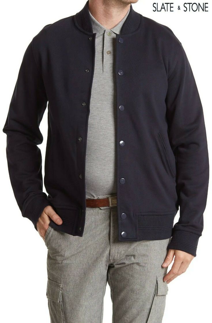 BRAND NEW WITH TAGS SLATE & STONE FRENCH TERRI COTTON SNAP FRONT NAVY BOMBER JACKET. 100% AUTHENTIC, OR MONEY BACK.   Model: French Terri Style: G3JKT5135-2 Color: Navy Composition: 100% Cotton A snap front French Terry bomber jacket brings casual style and essential comfort to your day. ·       Varsity collar ·       Long sleeves ·       Front snap button closures ·       Welt pockets ·       French terry knit construction ·       Ribbed collar, cuffs, and hem ·       Machine wash cold, tumble Fall Collared Varsity Jacket With Pockets, Classic Navy Varsity Jacket For Fall, Navy Outerwear With Ribbed Cuffs For Fall, Navy Collared Cotton Outerwear, Casual Navy Long Sleeve Varsity Jacket, Casual Fall Sport Coat With Ribbed Cuffs, Casual Sport Coat With Ribbed Cuffs For Fall, Navy Varsity Jacket With Pockets For Fall, Navy Cotton Casual Varsity Jacket