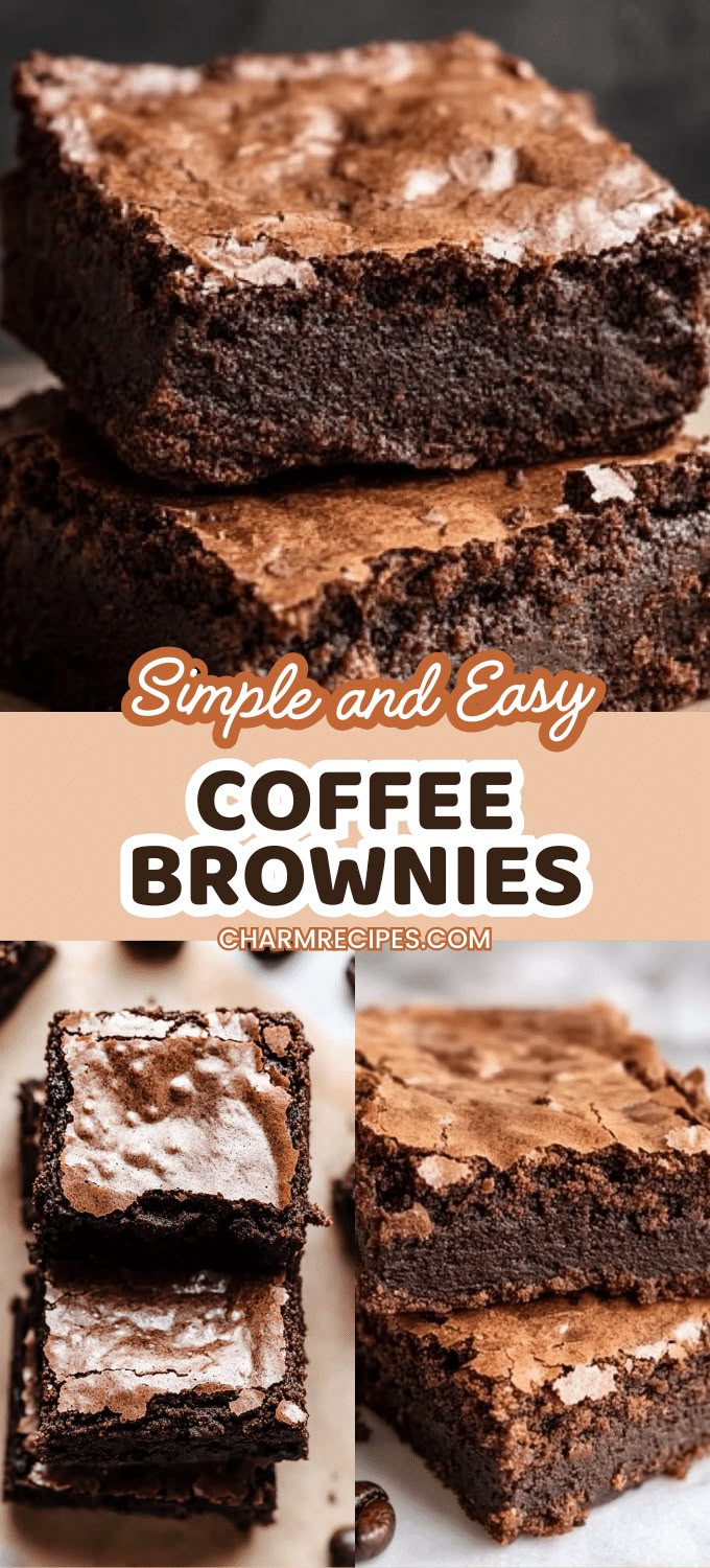 chocolate brownies with frosting on top and the words, simple and easy coffee brownies