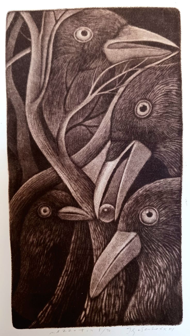 three birds are standing next to each other in black and white ink, with one bird looking at the camera