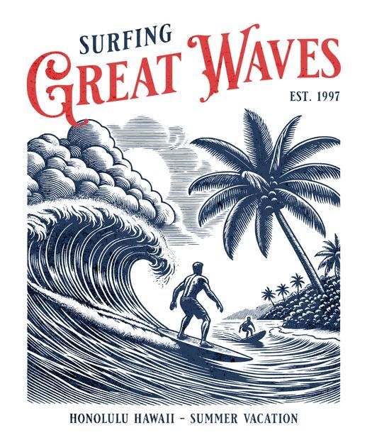 the cover of surfing great waves, featuring a surfer riding a wave in front of palm trees