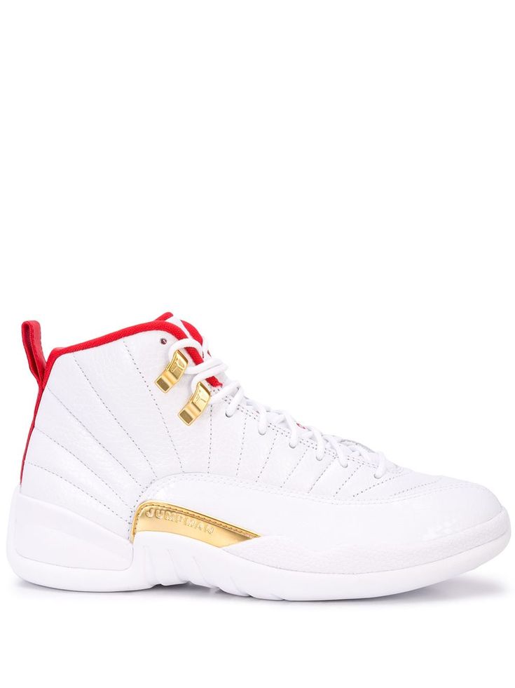 Supplied by a premier sneaker marketplace dealing with unworn, already sold out, in demand rarities. Each product is rigorously inspected by experienced experts guaranteeing authenticity. Bold and unique. These white and red calf leather Air Jordan 12 Fiba from Jordan are a clean take on the classic high-top silhouette of Michael Jordan's 12th signature sneaker. A true piece of history. Featuring a round toe, a high ankle, a lace fastening, a logo patch at the tongue, a side embossed logo stamp Jordan Shoes For Women, Nike Shoes Air Force, Red Trainers, Jordans Girls, Jordan Shoes Girls, Air Jordan 12, Jordan Shoes Retro, Custom Nike Shoes, Shoes Sneakers Jordans