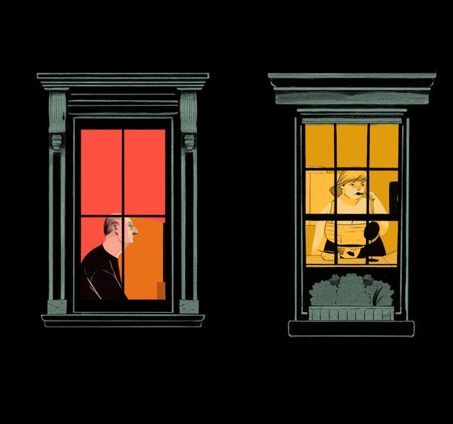 an image of two people looking out the window at each other in different colors and sizes