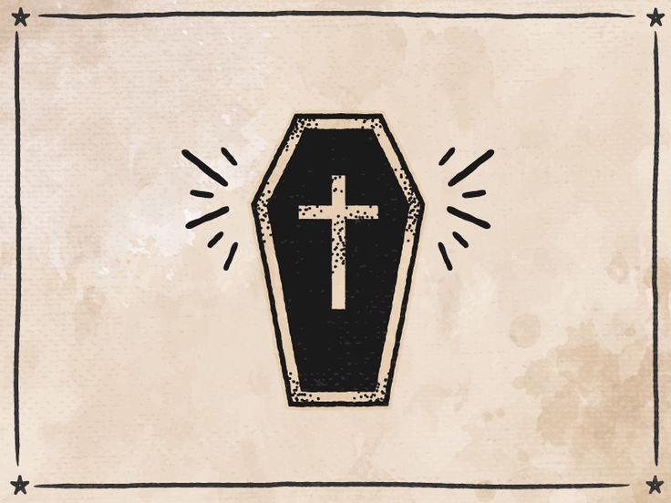 an illustration of a black casket with a cross on it and stars around the edges