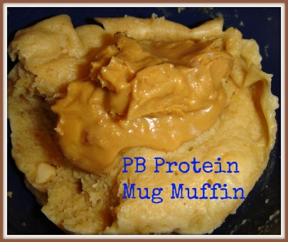 a piece of bread with peanut butter on it and the words pb protein mug muffin