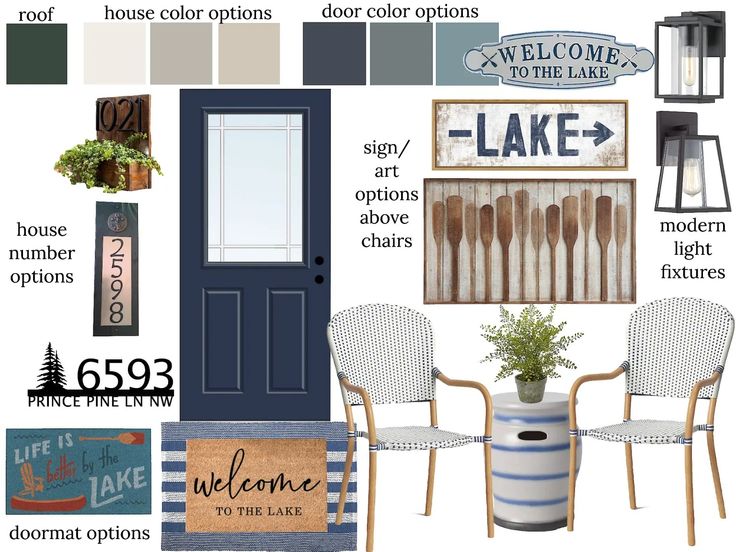 the front door is open and there are many things to see in this house that include chairs, a welcome sign, a potted plant, a blue door