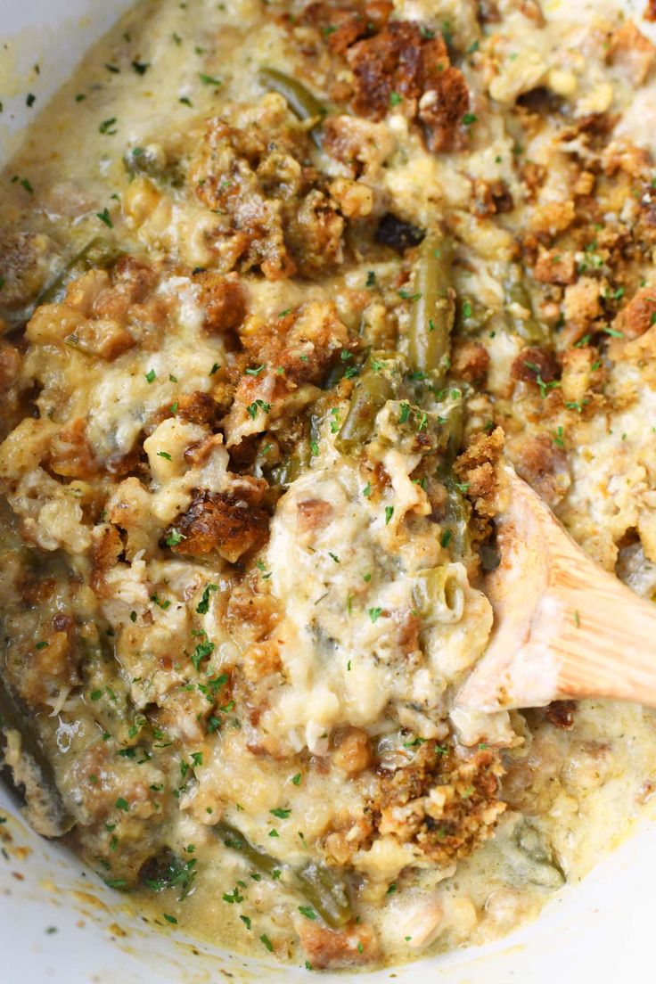 a casserole dish with meat and vegetables in it