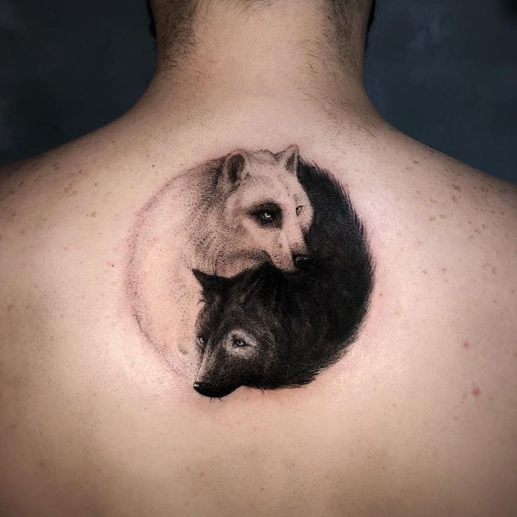 a man with a tattoo on his back that has an image of a wolf and cub in it